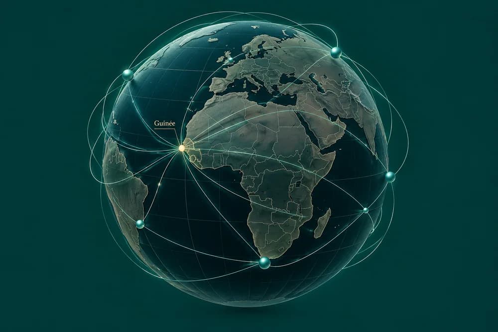 Un globe illustratif reliant la Guinée au monde.